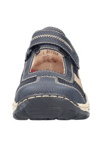 Navy blue leather shoe with a textured finish, rounded toe, Velcro strap, and contrasting beige accents along the stitching and trim.