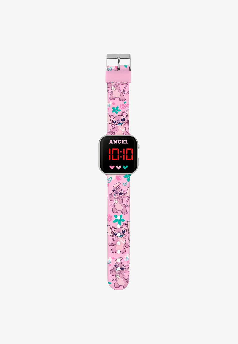 Orologio digitale con quadrante quadrato nero che mostra cifre rosse. Il cinturino rosa presenta un motivo cartone animato con personaggi e dettagli floreali.