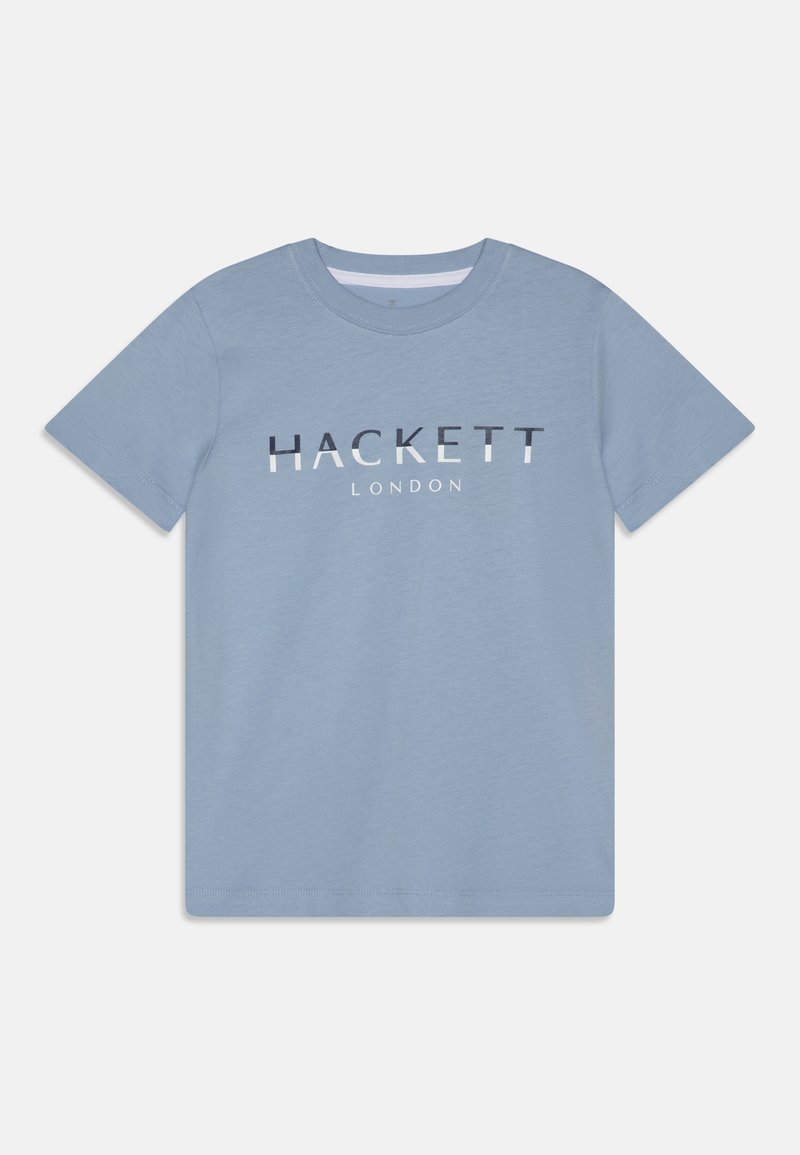 Light blue cotton t-shirt with short sleeves, round neck, featuring a printed graphic of "HACKETT LONDON" in contrasting colors.