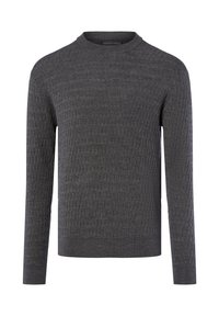 Grau strukturierter Pullover mit Rippmuster, runder Rundhalsausschnitt und langen Ärmeln. Hergestellt aus weichem Strickstoff für hohen Tragekomfort.