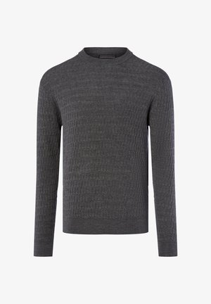 Grijze gebreide trui met een ribbelpatroon, ronde crewhals en lange mouwen. Gemaakt van zacht gebreid materiaal voor comfort.