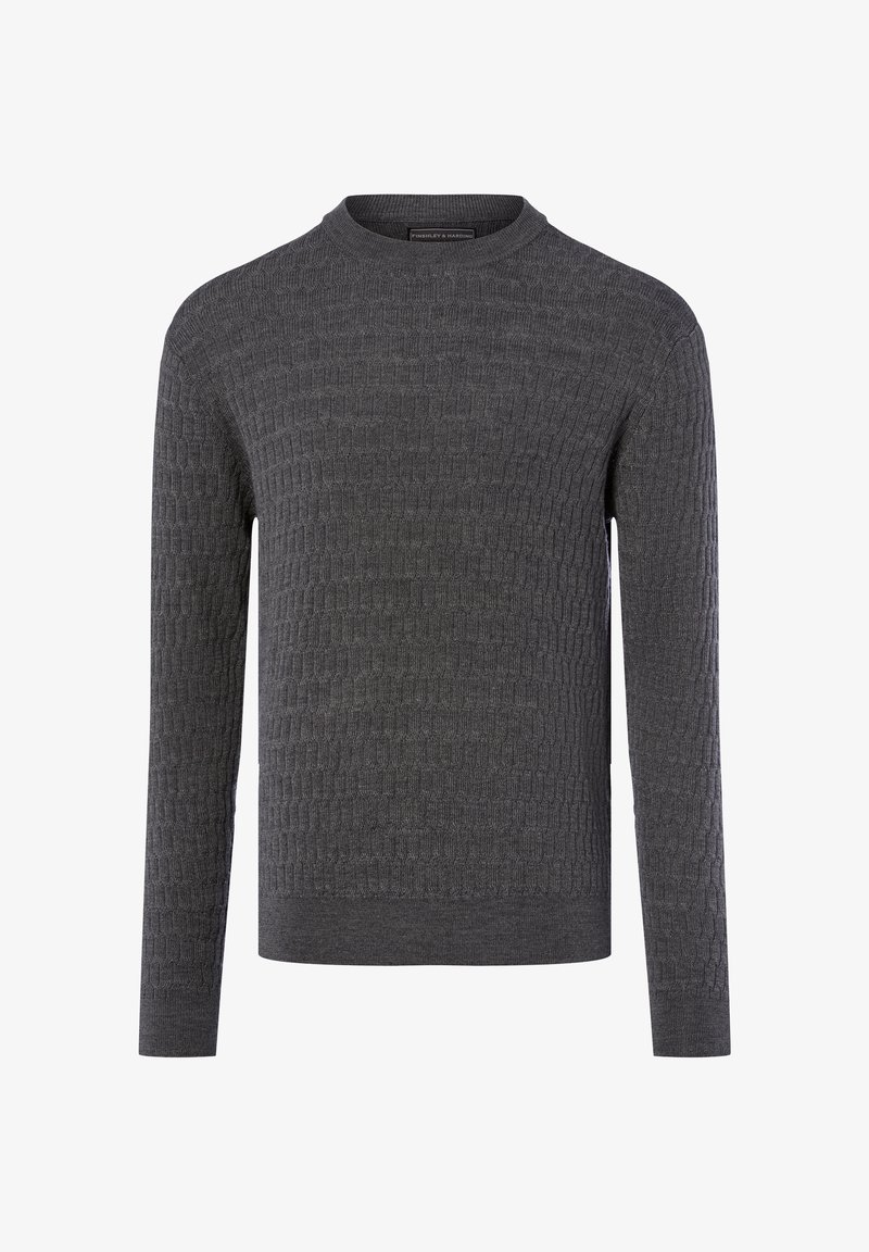 Grau strukturierter Pullover mit Rippmuster, runder Rundhalsausschnitt und langen Ärmeln. Hergestellt aus weichem Strickstoff für hohen Tragekomfort.