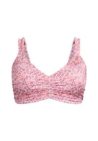 Bikini zgornji del z cvetličnim vzorcem v rožnatih, vijoličnih in rdečih odtenkih. Mehka tkanina z nabranimi detajli in nastavljivimi naramnicami. Oblika z V-izrezom.
