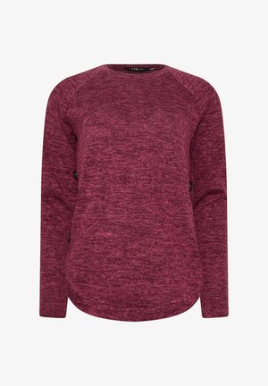 Bordeauxfarbenes Langarmoberteil mit strukturiertem Strickfinish, rundem Halsausschnitt und abgerundetem Saum. Verfügt über schwarze Knopf-Details an den Seiten.