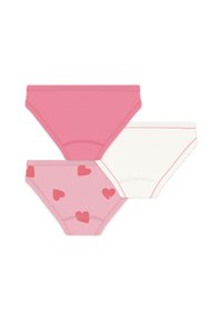 Τρία ζευγάρια γυναικείων εσωρούχων: ένα μονόχρωμο ροζ, ένα ροζ με σχέδια καρδιών και ένα λευκό με ροζ ραφές. Λεπτή υφή, βαμβακερό υλικό.