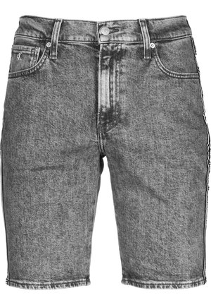 Schwarze Acid-Wash-Jeansshorts mit Fronttaschen, Gürtelschlaufen, Knopfverschluss und einem kleinen Logo auf der rechten Tasche.