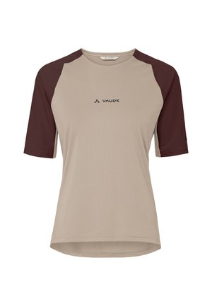 Short-sleeve sports shirt with beige body, dark brown raglan sleeves, and Vaude logo centered on the chest.