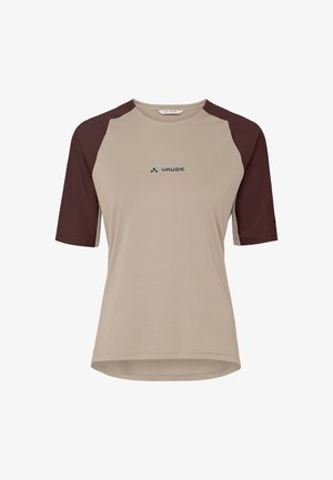 Short-sleeve sports shirt with beige body, dark brown raglan sleeves, and Vaude logo centered on the chest.
