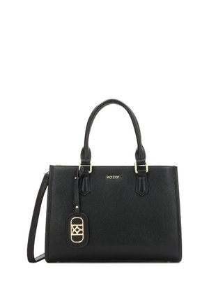 Sac à main en cuir noir avec surface texturée, deux anses supérieures, bandoulière amovible, accents dorés et étiquette de marque.