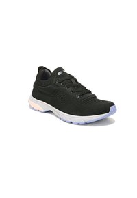 Black mesh athletic shoe with grey and lavender sole. Features laces, a padded collar, and a textured finish on the upper.