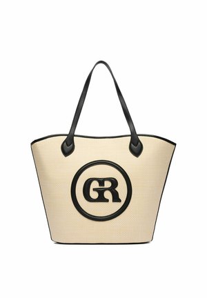 Borsa tote beige con rifiniture e manici neri, con un emblema circolare con le lettere G e R al centro frontale.