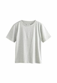 Light grey short-sleeve t-shirt made of soft fabric. Features a round neckline and a relaxed fit, with smooth, untextured surface.