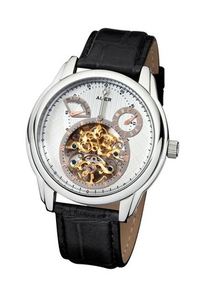 Silver stainless steel watch with a white textured face, black leather strap, gold decorative movement, and three sub-dials for time indication.