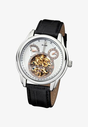 Silver stainless steel watch with a white textured face, black leather strap, gold decorative movement, and three sub-dials for time indication.