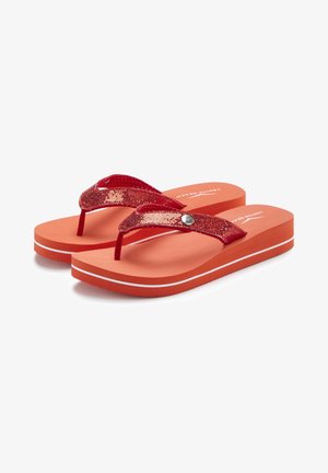 Red flip-flops with textured straps, featuring a metallic accent and a smooth orange sole with a white striped detail.