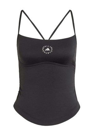 Black fitted tank top with thin crisscross shoulder straps and a circular white logo at the chest center.