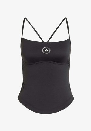 Black fitted tank top with thin crisscross shoulder straps and a circular white logo at the chest center.