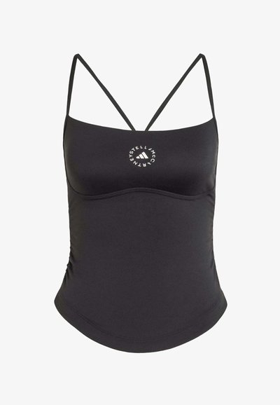 Black fitted tank top with thin crisscross shoulder straps and a circular white logo at the chest center.