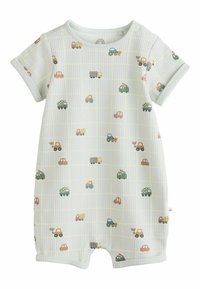 Bijeli rebrasti kombinezon za bebe s kratkim rukavima, ukrašen sitnim šarenim printom građevinskih i poljoprivrednih vozila.