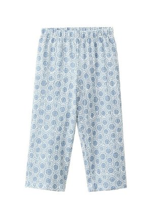 Pantalon de pyjama bleu clair et blanc avec une ceinture élastique et un motif floral éclaté sur toute la surface.