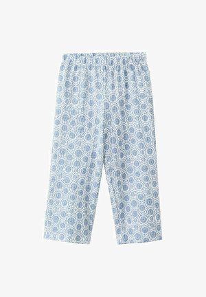 Hellblaue und weiße Schlafanzughosen mit elastischem Bund und durchgehendem Blumenmuster.