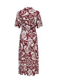 Abito floreale bordeaux con motivi di fiori bianchi, maniche corte, vita con cinture e lunghezza midi con una vestibilità rilassata. Tessuto liscio.