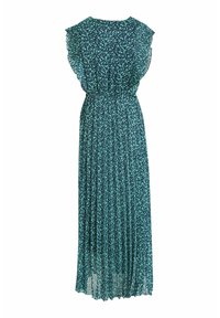 Robe maxi fleurie en sarcelle foncée avec des manches à volants, un tissu plissé et un petit motif floral blanc sur toute la surface. Taille élastique pour un ajustement parfait.