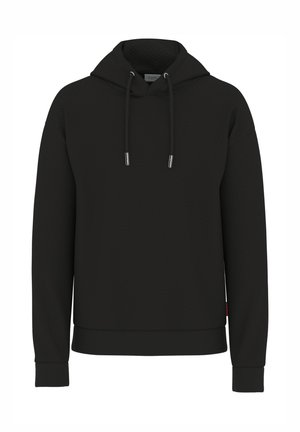 Schwarze Kapuzenjacke aus strukturiertem Stoff, mit einer Kordelzugkapuze, gerippten Bündchen und Saum, sowie einem Logosticker an der unteren Seite.