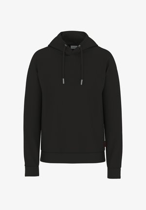 Schwarze Kapuzenjacke aus strukturiertem Stoff, mit einer Kordelzugkapuze, gerippten Bündchen und Saum, sowie einem Logosticker an der unteren Seite.