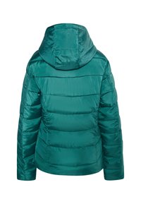 Giacca verde imbottita con cappuccio. Tessuto liscio e lucido, design trapuntato, con cuciture orizzontali e una silhouette aderente.