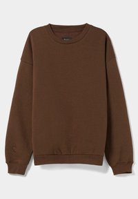 Sweatshirt marron avec col rond côtelé, épaules tombantes et poignets. Fabriqué à partir d'un matériau doux, avec un petit accent de marque sur la manche.
