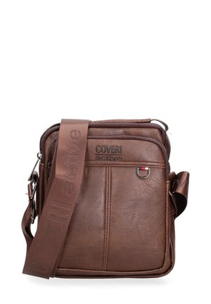 Sac bandoulière en cuir marron avec poche zippée à l'avant, sangle réglable embossée "COVERI active" et détail anneau en métal sur le devant.