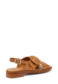 Sandal in pelle intrecciata marrone con un accento arrotondato e intrecciato, una cinghia posteriore con fibbia metallica e un tacco in legno basso. Design open-toe.