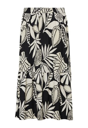 Zwarte rok met een gelaagd ontwerp en een gedurfde witte bladenpatroon. Gemaakt van een textuurstof, met een elastische tailleband.