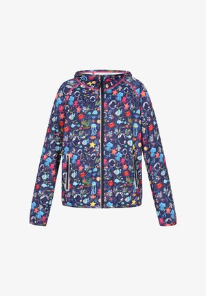 Granatowa kurtka z kolorowym nadrukiem o tematyce podwodnej, przedstawiającym ośmiornice, gwiazdy morskie i bąbelki. Zamek błyskawiczny i kaptur. Miękka tkanina, regularny krój.