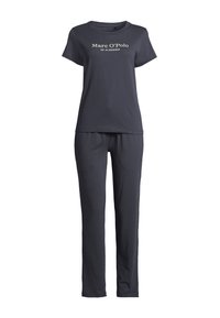 Mörkgrå bomullspyjamas i set bestående av en t-shirt med kort ärm och en vit logotyp samt matchande långa byxor med elastisk midja.