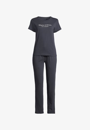 Set di pigiama in cotone grigio scuro composto da una maglietta con maniche corte e un logo bianco e pantaloni lunghi abbinati con vita elastica.