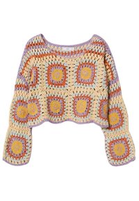 Pull en crochet avec un col rond, ornée de carrés de couleurs pastel : orange, jaune, bleu et violet, avec une coupe ample et une longueur courte.