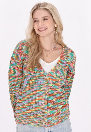 Knitted cardigan featuring multicolored stripes in pink, green, orange, and blue; front button closure and ribbed cuffs.
