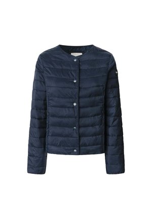 Mörkblå vadderad jacka med rund halsringning, tryckknappar och kviltat mönster. Har långa ärmar och en slim fit.