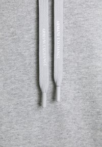 Tessuto del felpa grigio con due cordini grigi chiari che riportano la scritta "ARMANI EXCHANGE", terminanti con punte in plastica grigia abbinate.