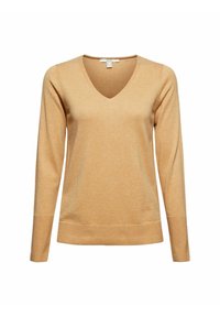 Pull beige à manches longues avec col en V et poignets et ourlet côtelés, présenté sur un fond blanc uni.