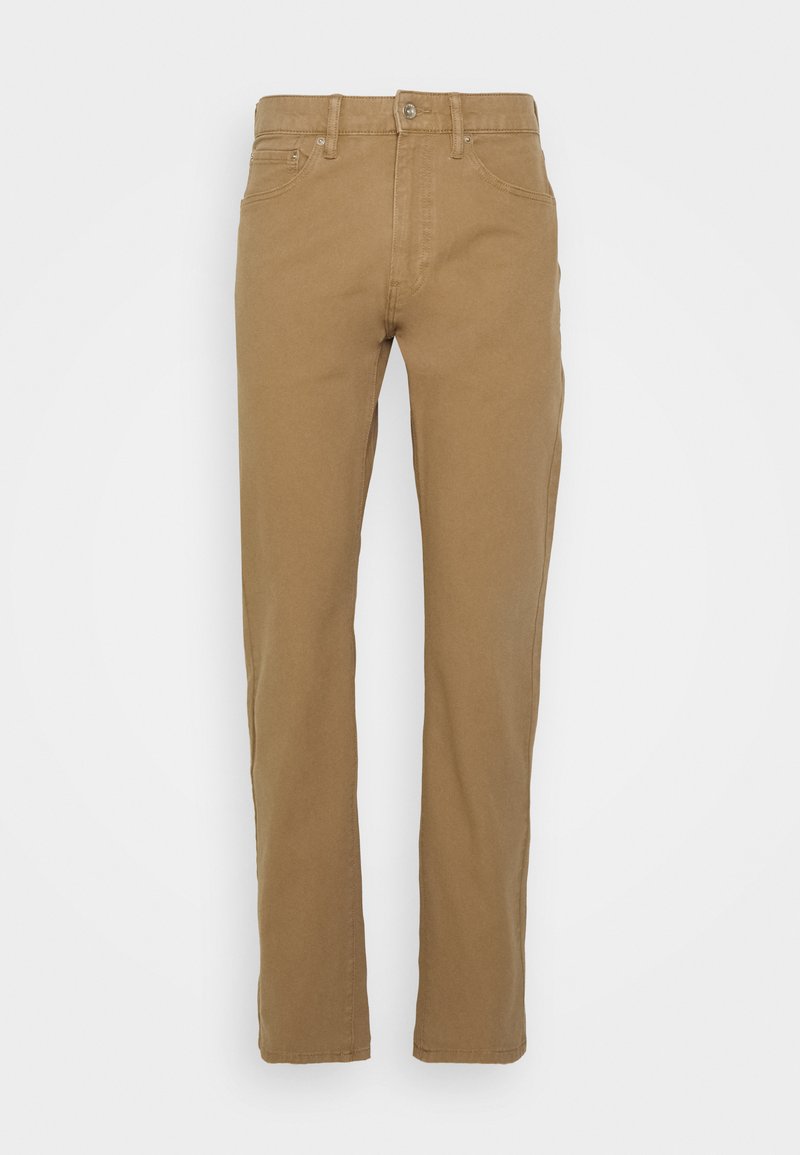 Pantalon en coton kaki à jambe droite, équipé d'une fermeture éclair à l'avant, d'un bouton de fermeture et d'un design à cinq poches.