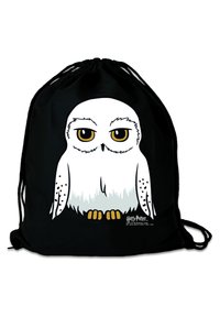 Black drawstring bag featuring a cartoon white owl with yellow eyes and orange feet, printed on the front with a simplistic design.