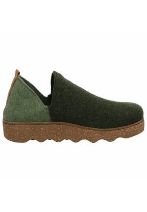 Green felt slip-on shoe with a lighter green back panel, textured surface, and a brown, scalloped cork sole.