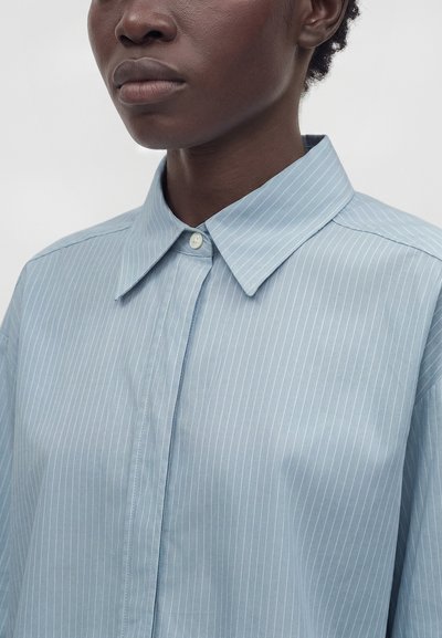 Personne à la peau foncée portant une chemise bleu clair à fines rayures boutonnée avec un col pointu, montrée des épaules au menton.