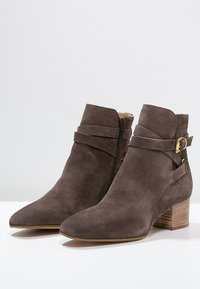 Bottines en daim brun foncé avec un bout pointu, fermeture zippée et une sangle décorative avec une boucle dorée. Talon bas empilé.
