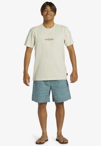 Krémové tričko s logem "Quiksilver"; modré šortky s geometrickými vzory; hnědé žabky; model stojící na bílém pozadí.