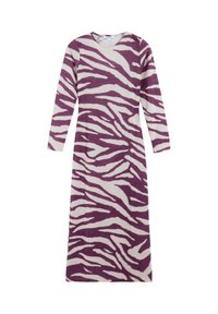 Vestido de manga larga confeccionado en una suave tela, con un patrón de cebra en tonos púrpura y crema, cuello redondo y diseño hasta el suelo.