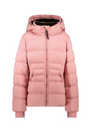 Roze gewatteerde jas met een capuchon, voorzien van een ritssluiting aan de voorkant, twee zijzakken, elastische manchetten en een doorgestikt ontwerp voor isolatie.